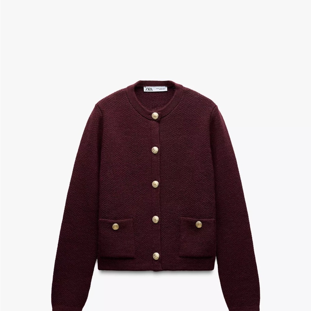 Zara Women's Deep Burgundy Blazer golden button knit cardigan